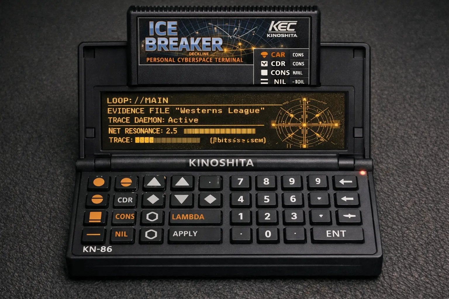 KN-86 Deckline handheld with the ICE Breaker cartridge inserted, amber display showing the LOOP://MAIN evidence file screen with the Westerns League trace daemon active.