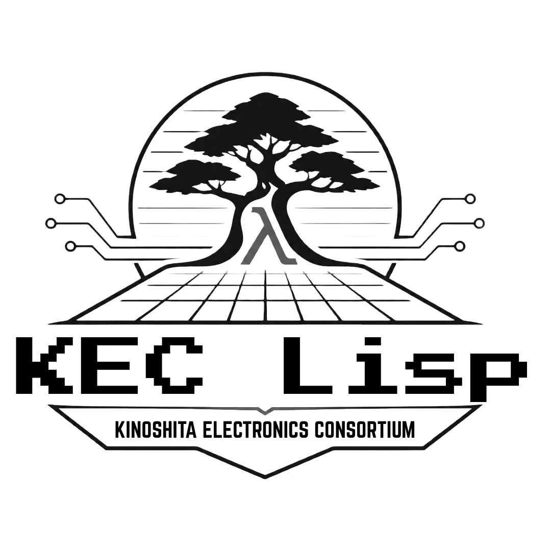 KEC Lisp logo — a bonsai tree rising from a circuit grid, with a lambda symbol at the trunk base, and KEC Lisp in amber pixel lettering beneath.