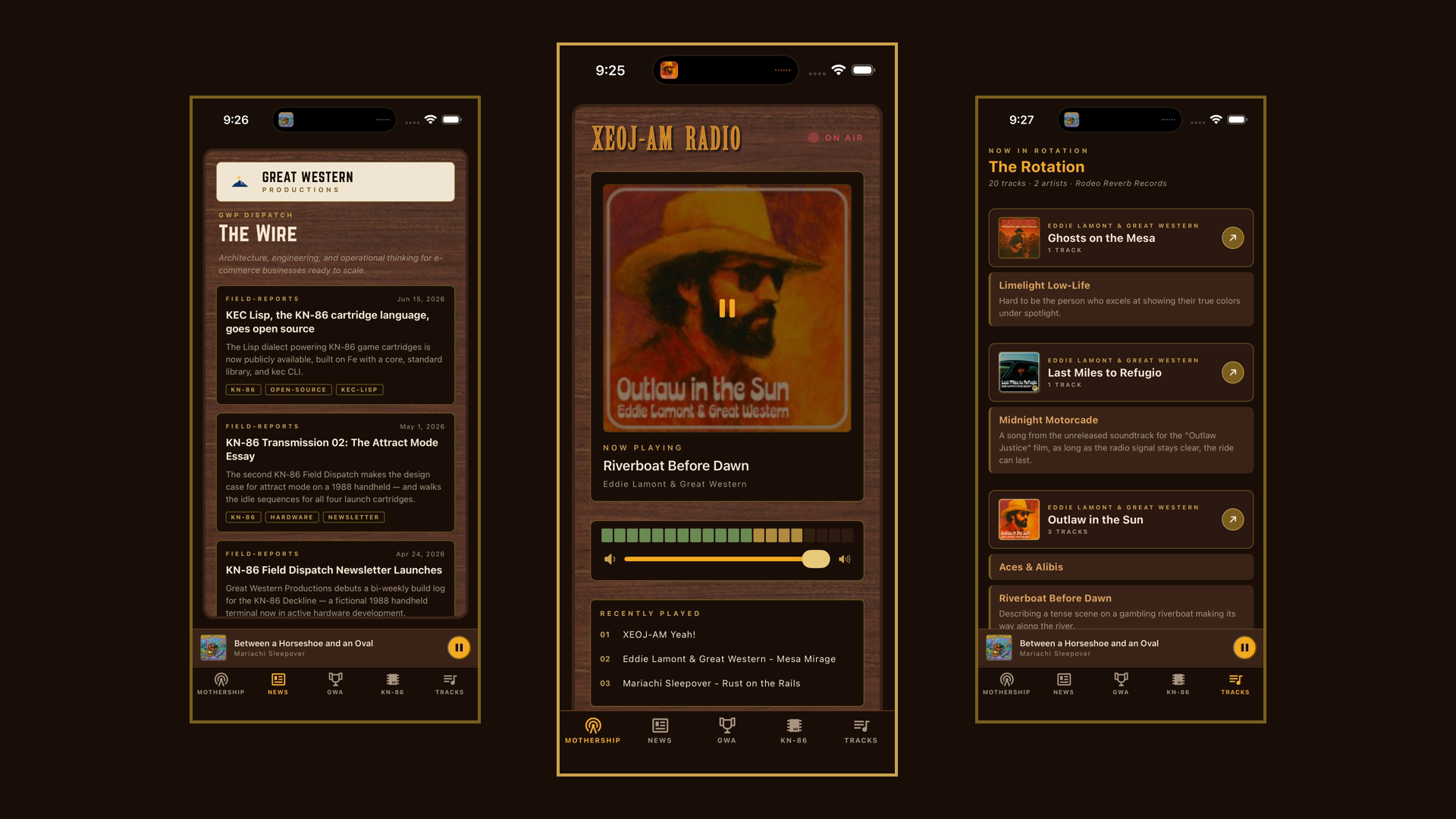 Three iPhone screens showing the XEOJ Radio app: the GWP Dispatch newsfeed, the walnut-and-brass Mothership console playing a track, and the Rotation tab listing albums with notes.